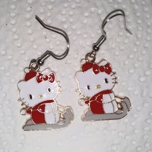 Hello Kitty Winter Holiday Dangle Earrings Red GraySled Gold Enamel Earw…